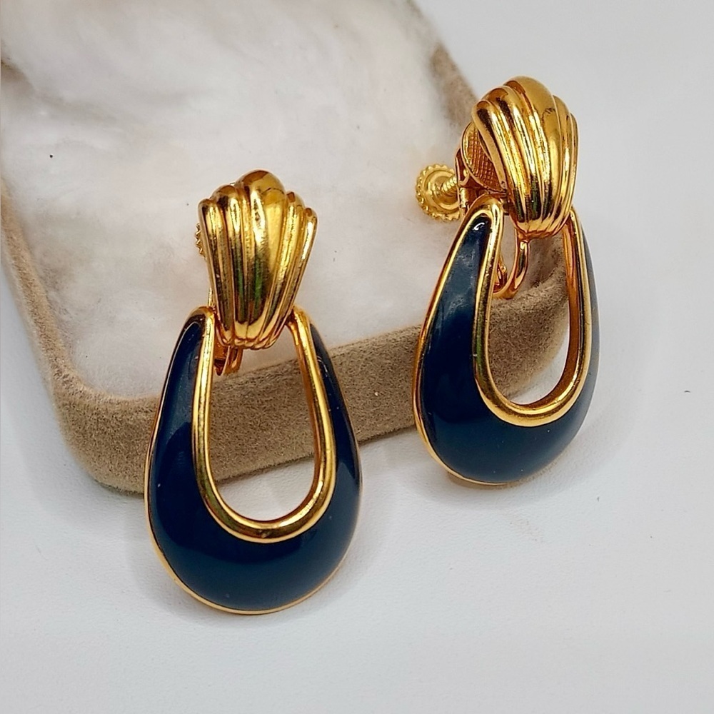 VTG Napier 10k Gold Navy Blue Enamel Drop Earrings​​​